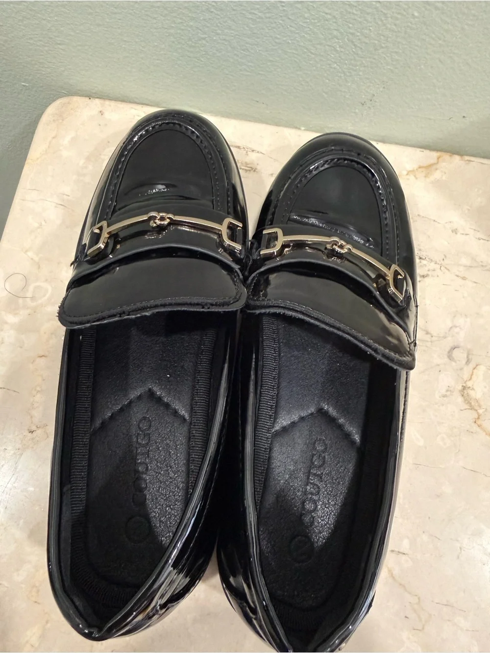 Kids Black Patent Moccasin Loafers with Gold-Tone Bit